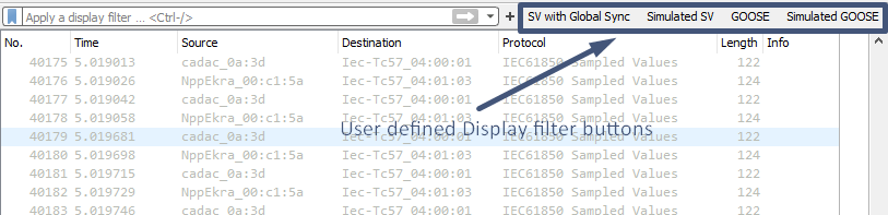 Botones de filtro en la barra de herramientas de Wireshark